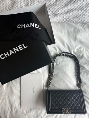 Chanel Boy Bag Old Medium Black Lambskin Ruthenium HW 22 Series 2016